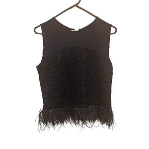 Greyln Lace and Ostrich Feather Trimmed Formal Tank Top Size M - Navy Blue NWT